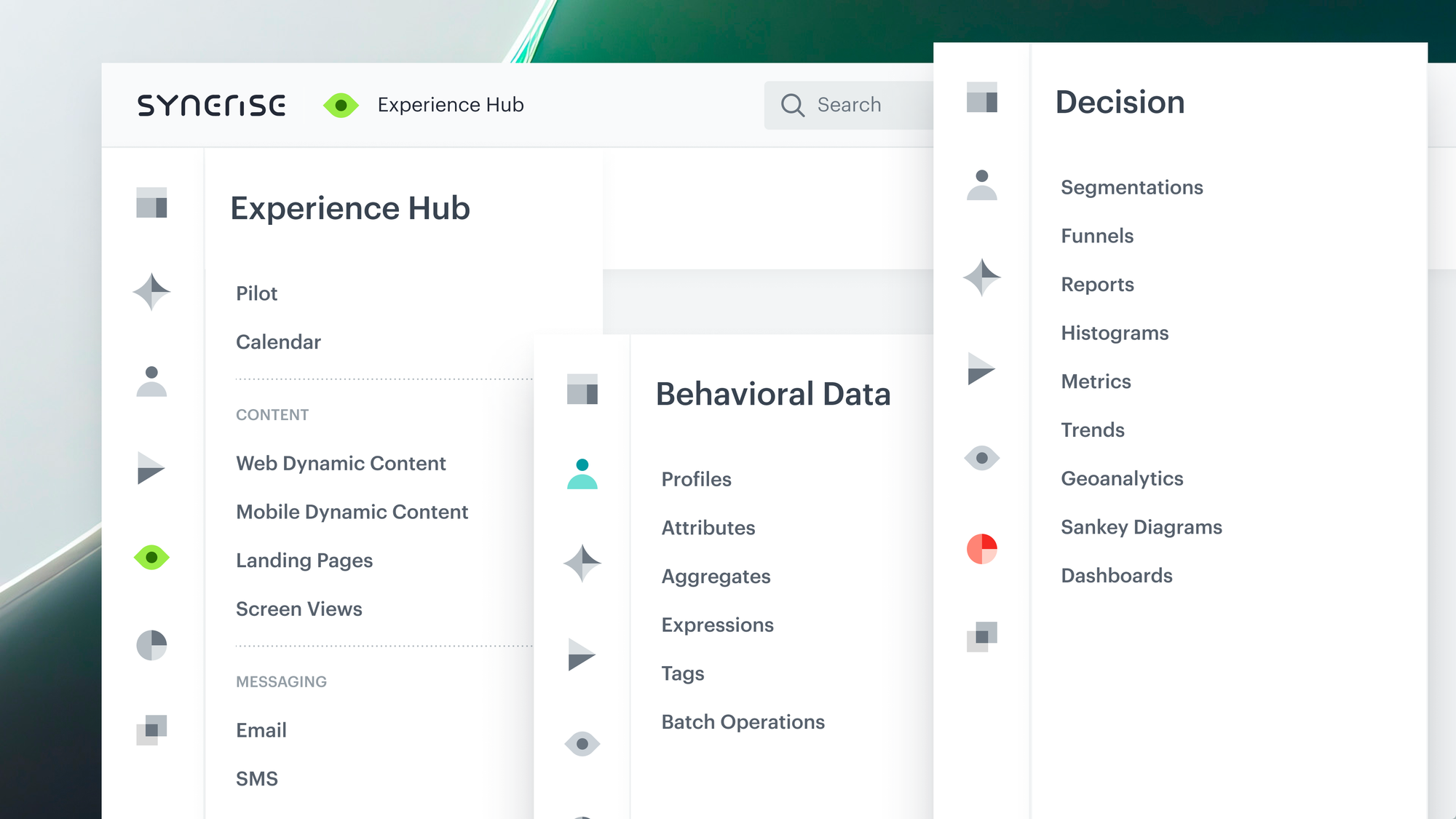 Synerise platform new sidebar menu structure showing 6 Core Components: Behavioral Data Hub, AI Hub, Automation Hub, Experience Hub, Decision Hub, and Data Modeling Hub