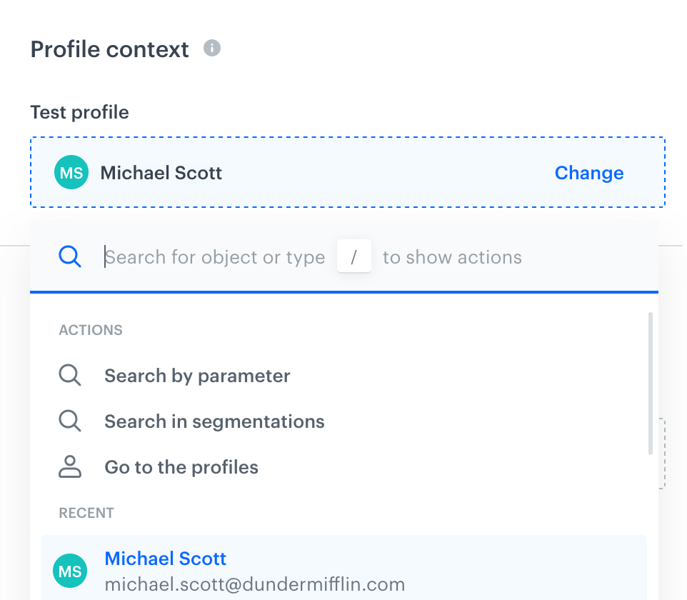 Synerise Test Profile selector in the outgoing integration test builder, showing profile search and selection interface