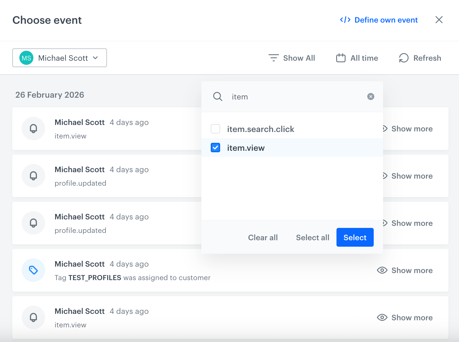 Event context selector in the Synerise integration test builder, showing event filtering and JSON editing interface