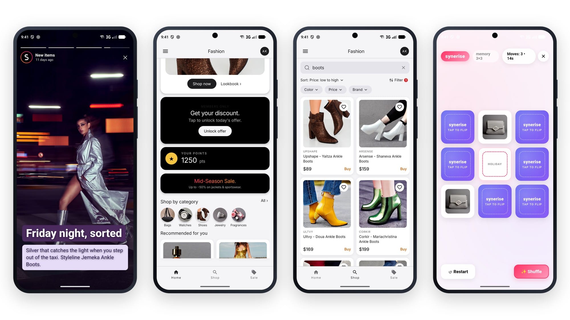 Four inline in-app formats in one app: a story feed, a home screen with an offer banner, points and recommendations, AI Search with sorting and filters, and a memory game