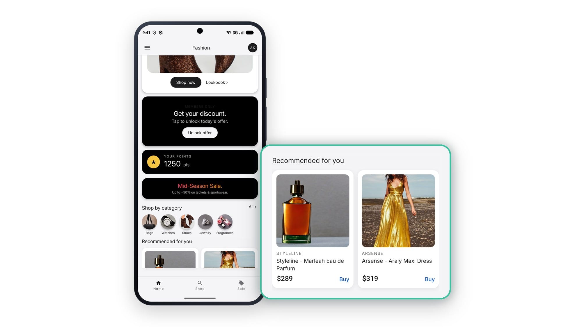Loyalty on a fashion app's home screen: an unlock-offer tile, a 1250 pts points balance and a mid-season sale banner, with the personalized recommendations panel pulled out and enlarged, each an inline in-app