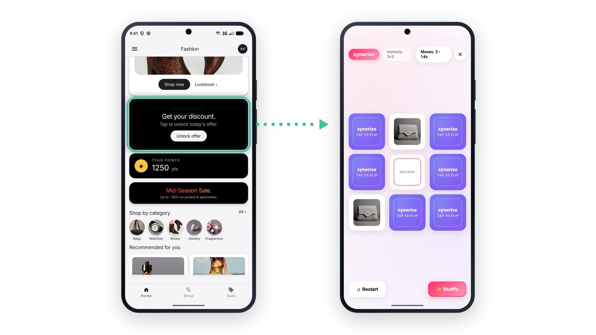 A game behind a single tile: an unlock-offer tile on a fashion app's home screen opens a full-screen 3x3 memory game, all delivered as one inline in-app