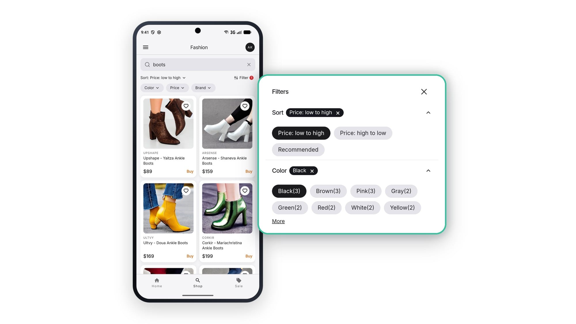 AI Search inside a fashion app: results for boots sorted by price, with the filter panel pulled out and enlarged to show sorting and color filters, delivered as an inline in-app