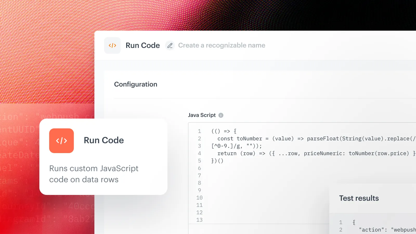 Run Code node: Transform workflow data with your own JavaScript