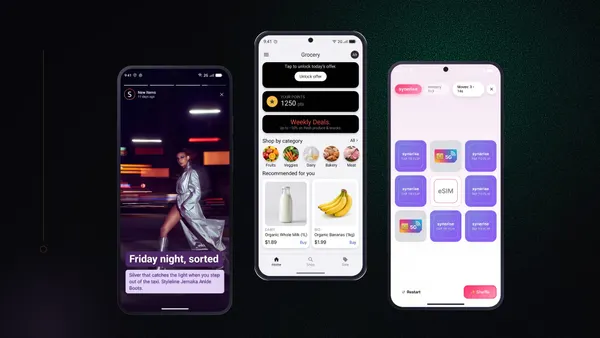 Inline in-app messages cover: a story feed, a grocery home screen with points and deals, and a memory game