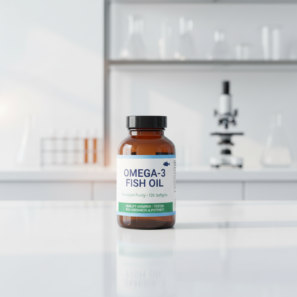 Omega-3-Fischoel mit TOTOX-Wert Qualitaetskontrolle auf Labortisch fuer Frische und Reinheit