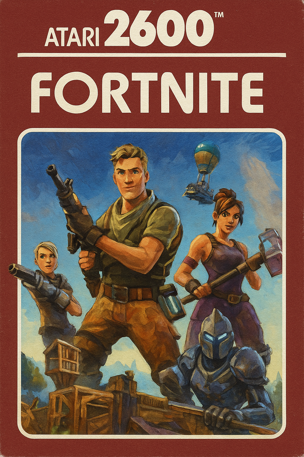 A mockup of a Fortnite cartridge for the Atari 2600