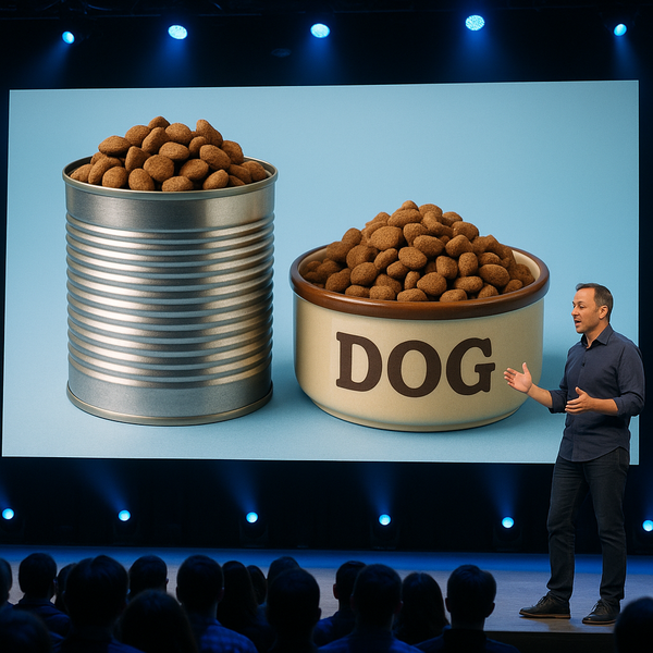 A live presentation with pictures of dog food on the big screen