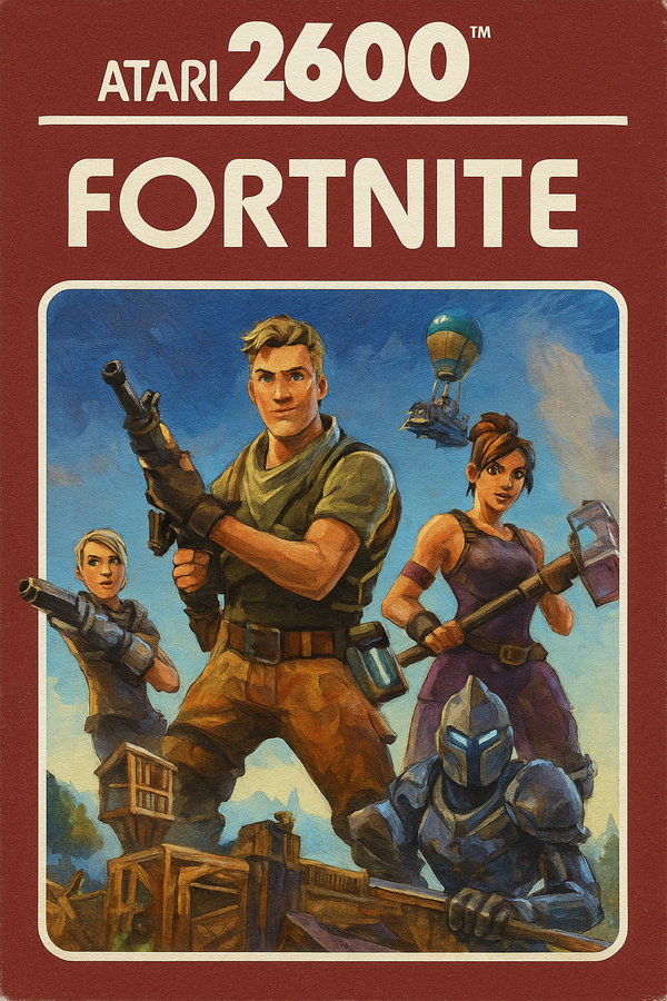 A mockup of a Fortnite cartridge for the Atari 2600