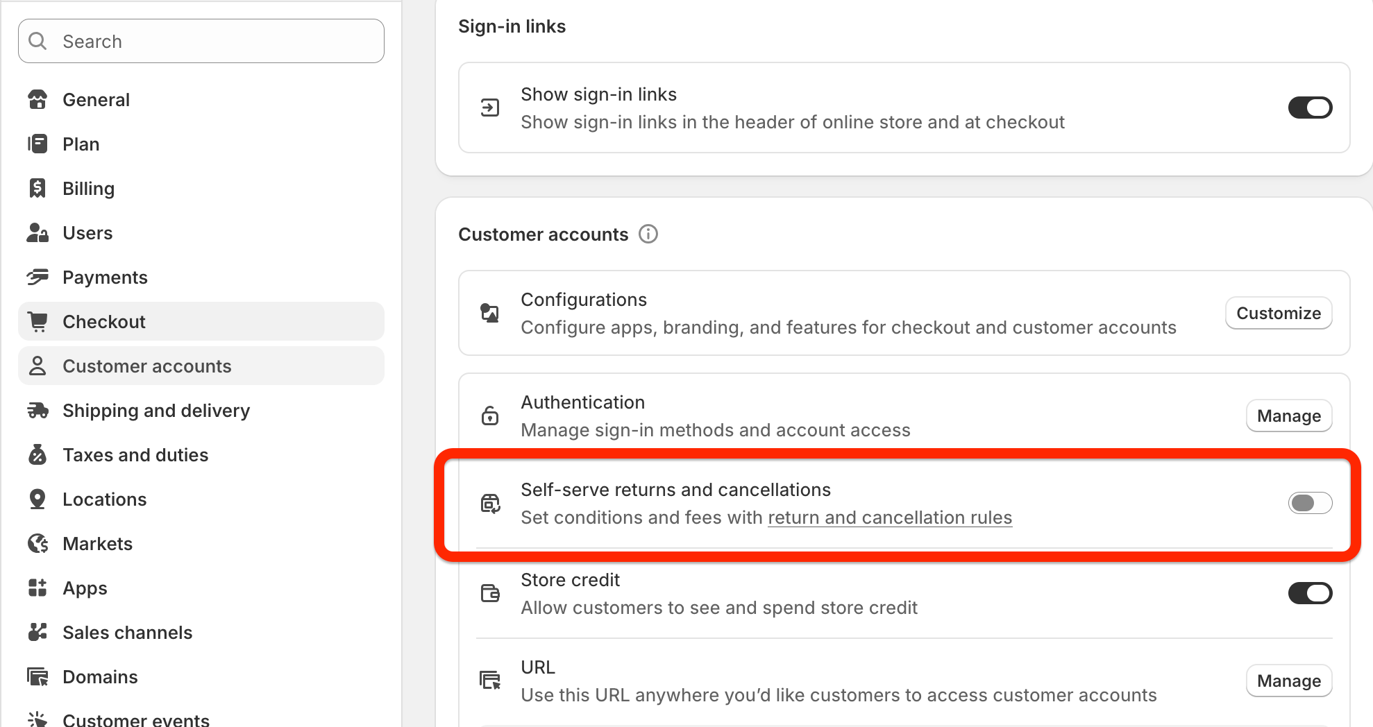 customer accounts settings in shopify admin