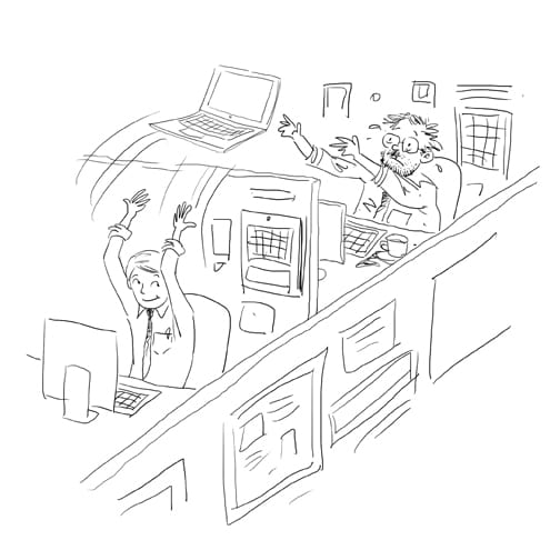 a designer throwing a laptop over a cubicle wall to a developer