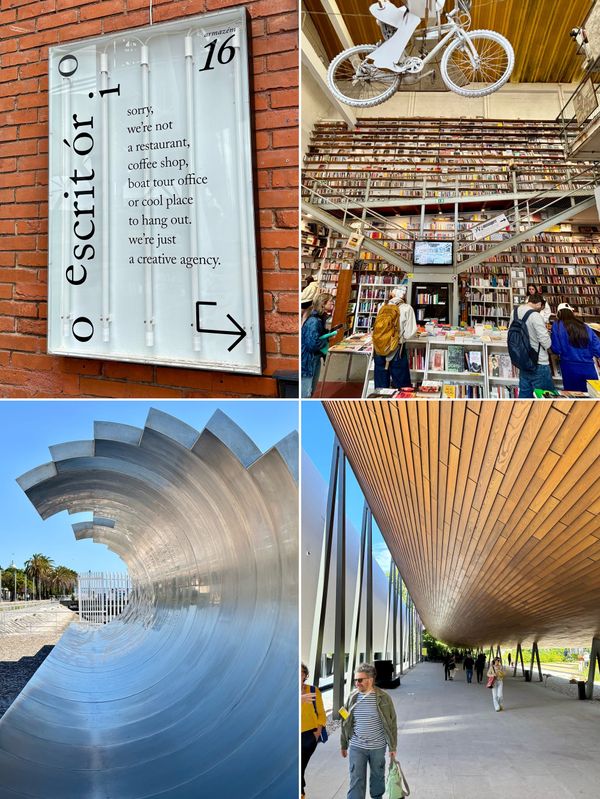 sign for creative agency o escritório / ler devagar bookshop in lisbon / "the wave" sculpture / gulbenkian art museum in lisbon