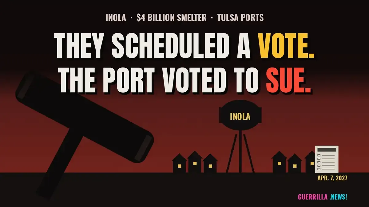 A giant gavel looms over a small town water tower reading INOLA, with the text "THEY SCHEDULED A VOTE. THE PORT VOTED TO SUE."