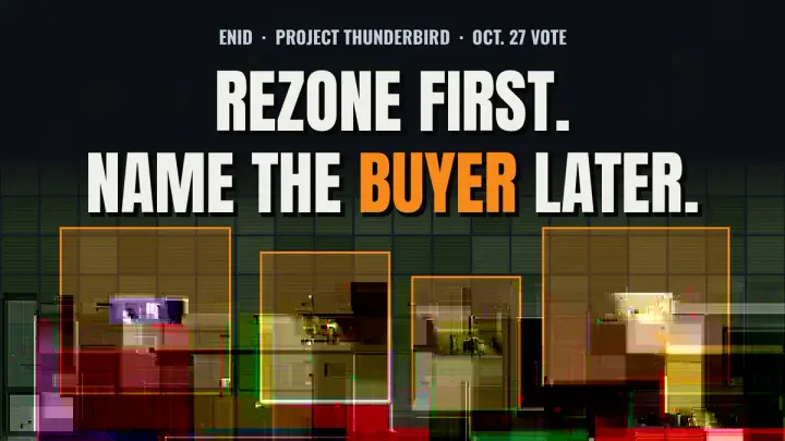 Farmland grid with four outlined parcels labeled "BUYER: ?" under the text "REZONE FIRST. NAME THE BUYER LATER."