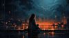 Woman staring at burning city.
