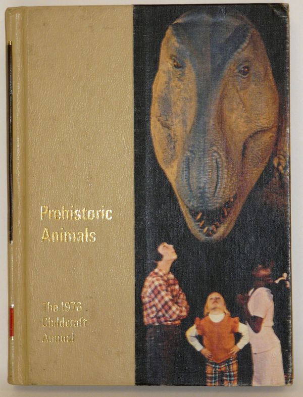 Cover of the 1976 Childcraft Annual "Prehistoric Animals". Three children are staring up at the reconstructed model of an Allosaurus.