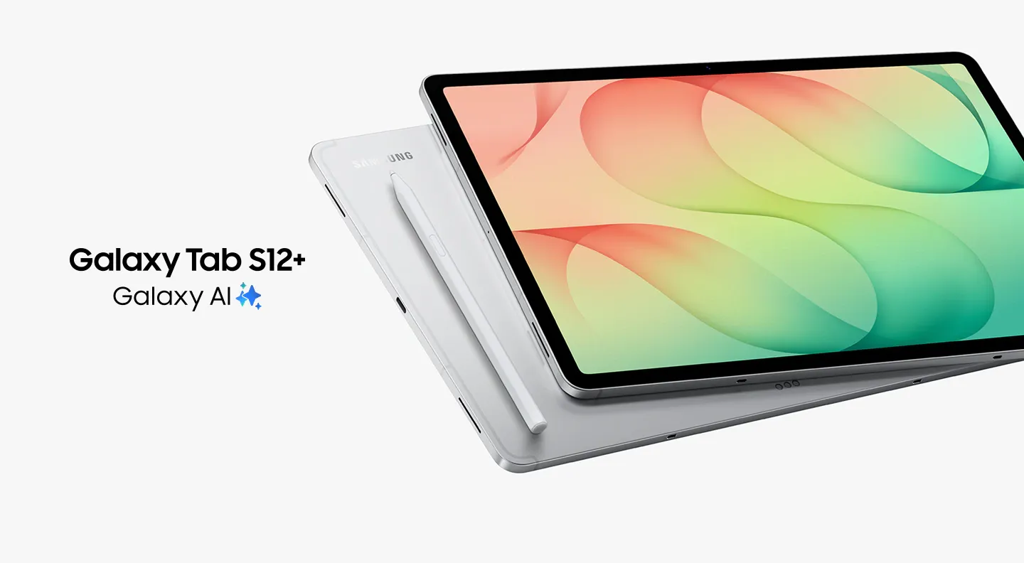 Samsung Galaxy Tab S12+ in Silber auf einem Produktbild mit S Pen Eingabestift.