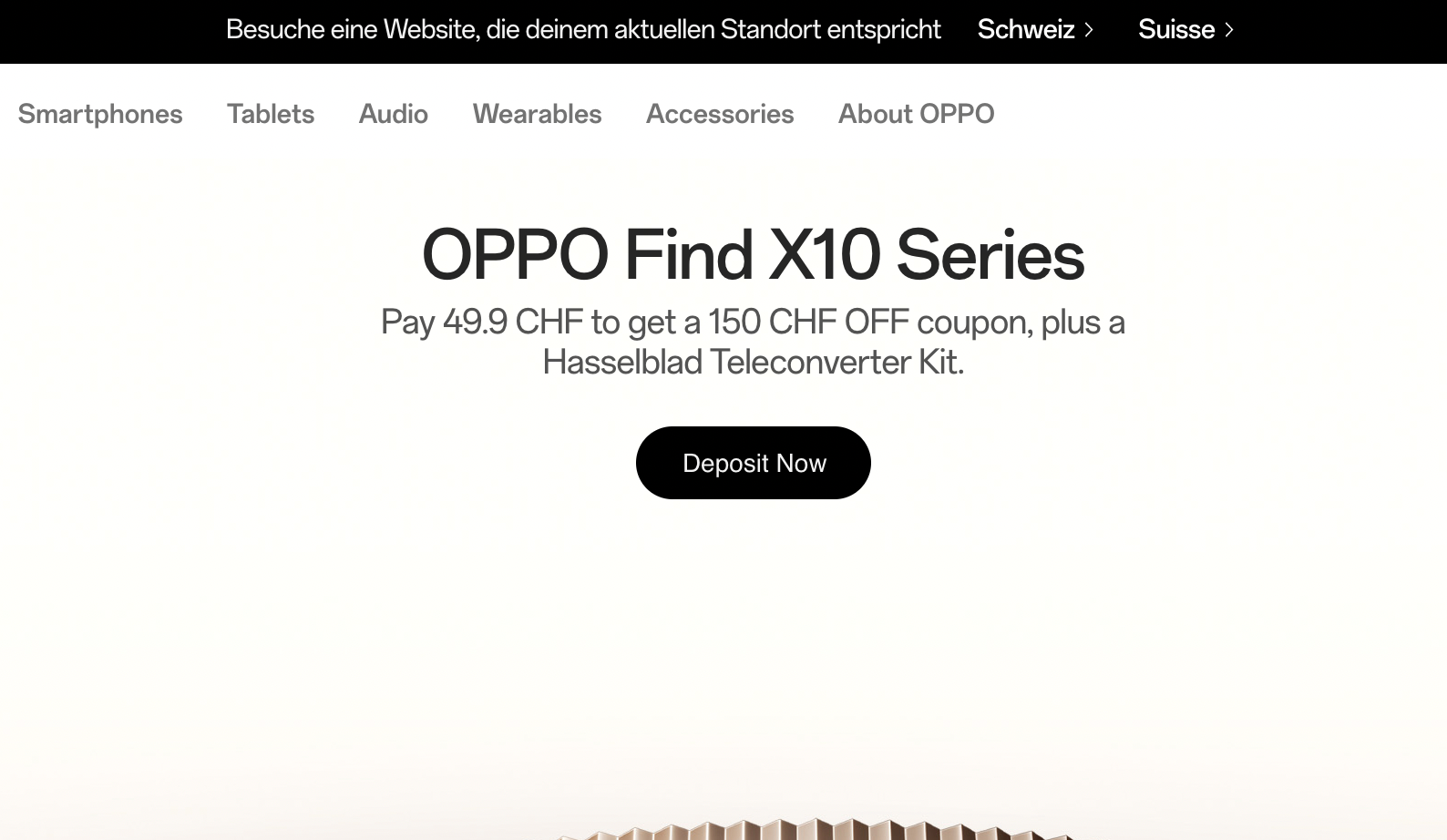 Screenshot des Schweizer Online-Shops von Oppo mit einem Hinweis zur Vorbestellung des neuen Oppo Find X10.