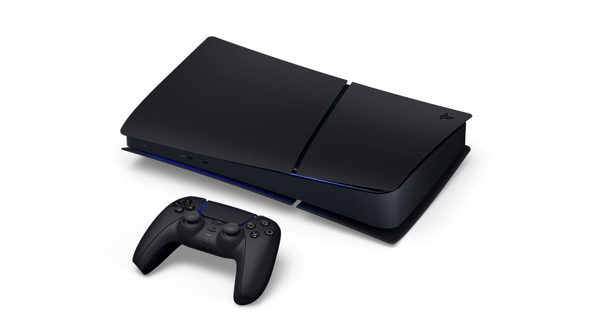 Die PlayStation 5 Digital Edition in Midnight Black liegt flach, davor der schwarze DualSense-Controller.