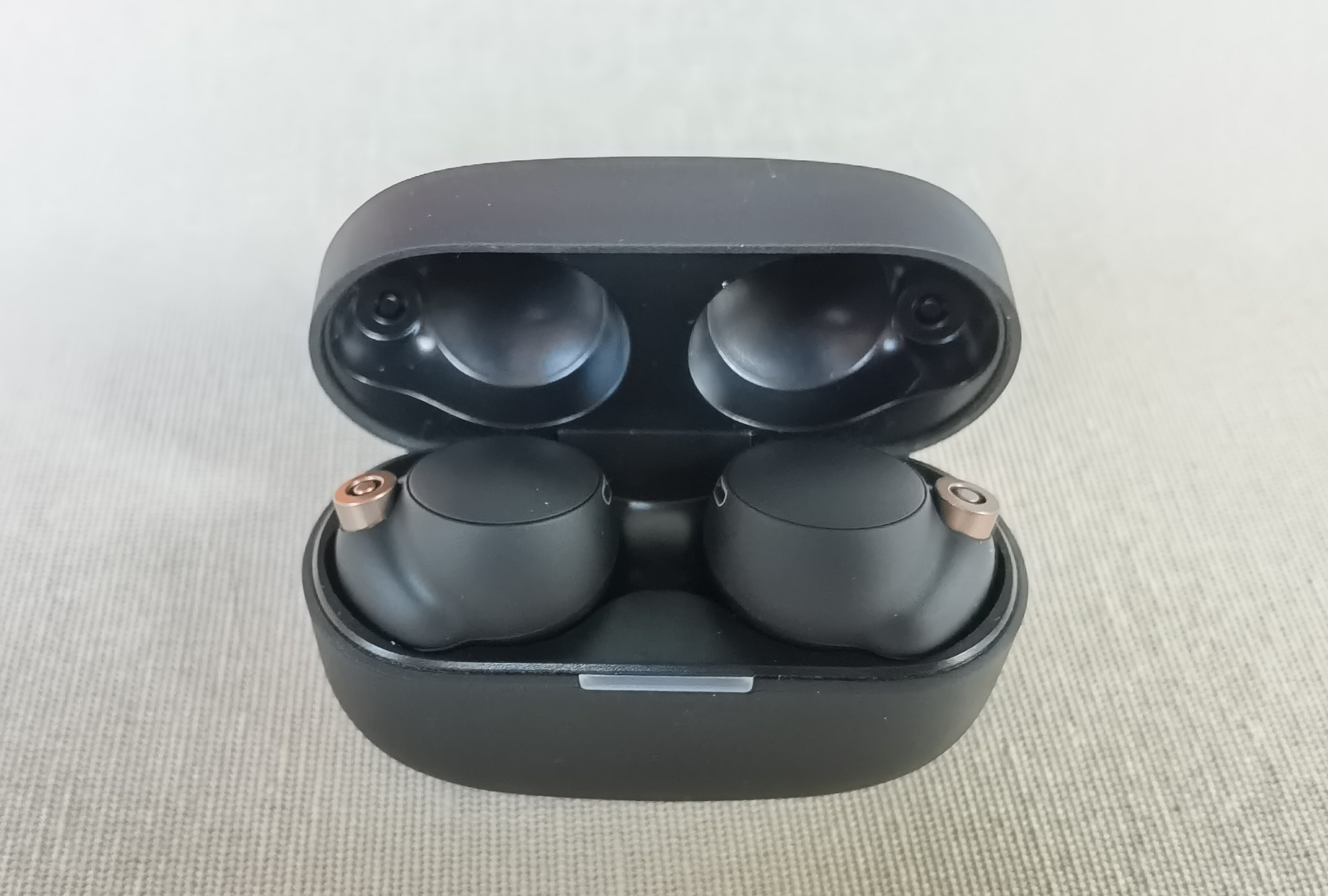 Sony WF-1000XM4 Kopfhörer im Test: das Gehäuse mit In-Ears drin.