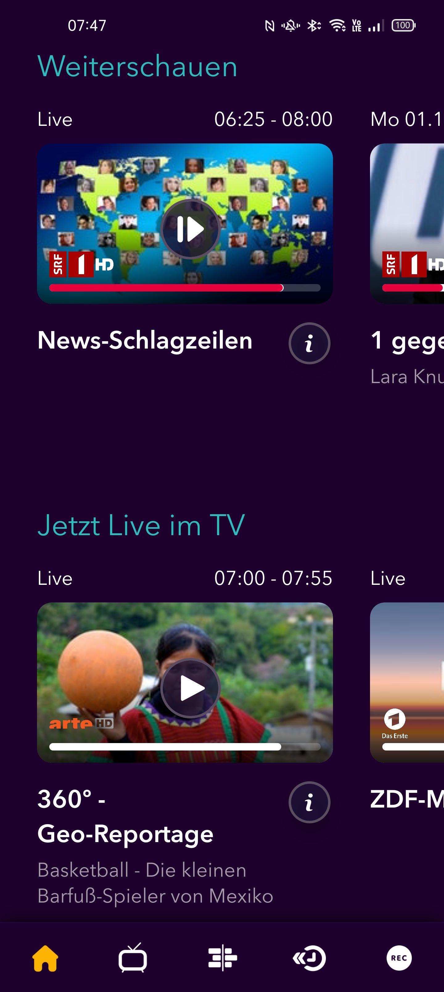 Home-Bereich bei yallo TV