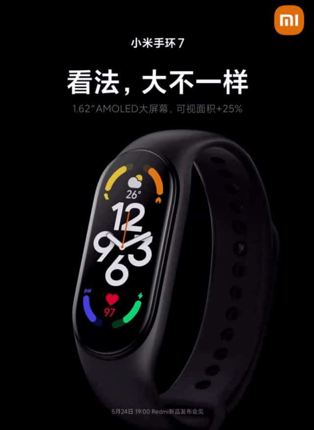 Das Xiaomi Band 7 mit Hinweis auf grösseres Display