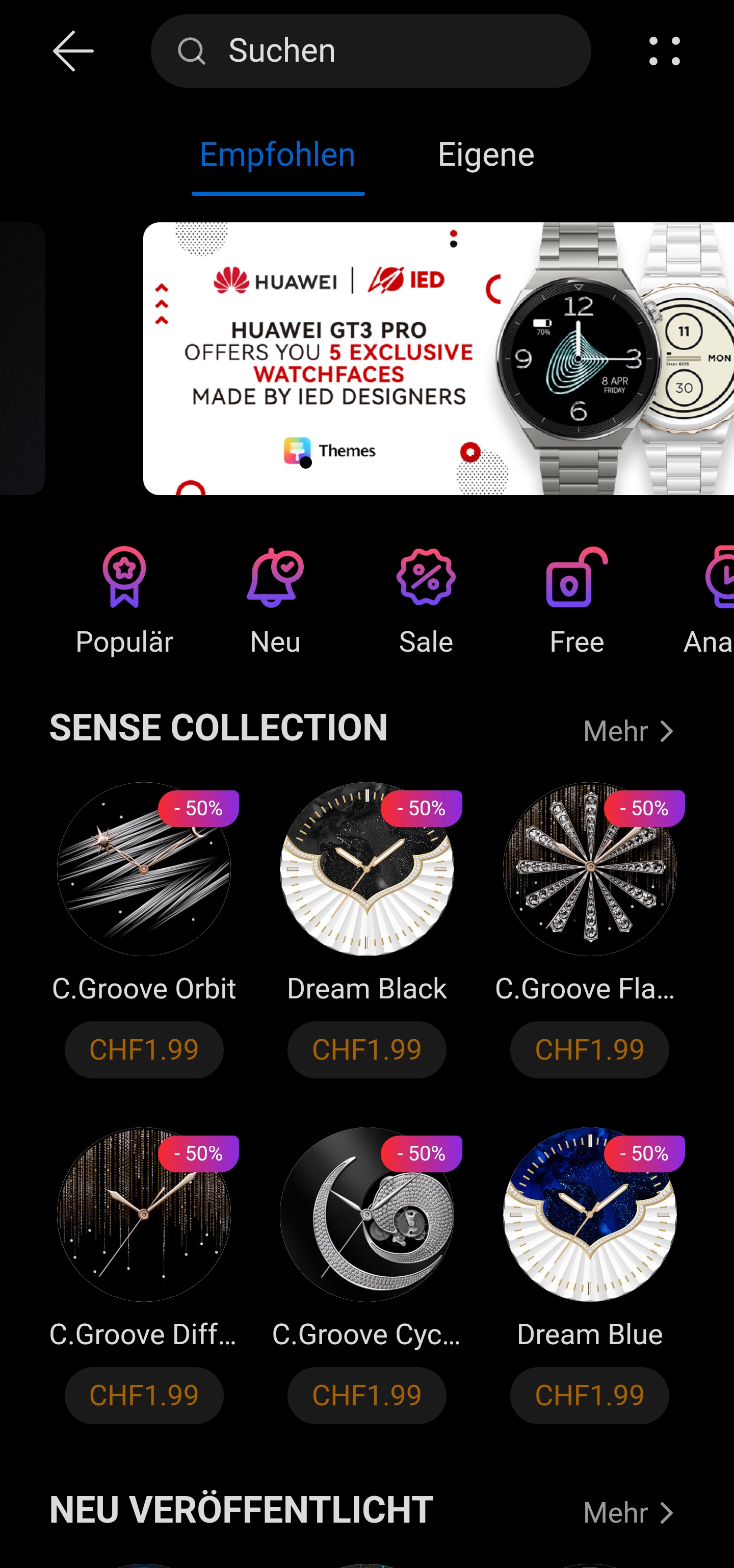 Das Watchface-Angebot auf der Huawei Watch GT 3 Pro