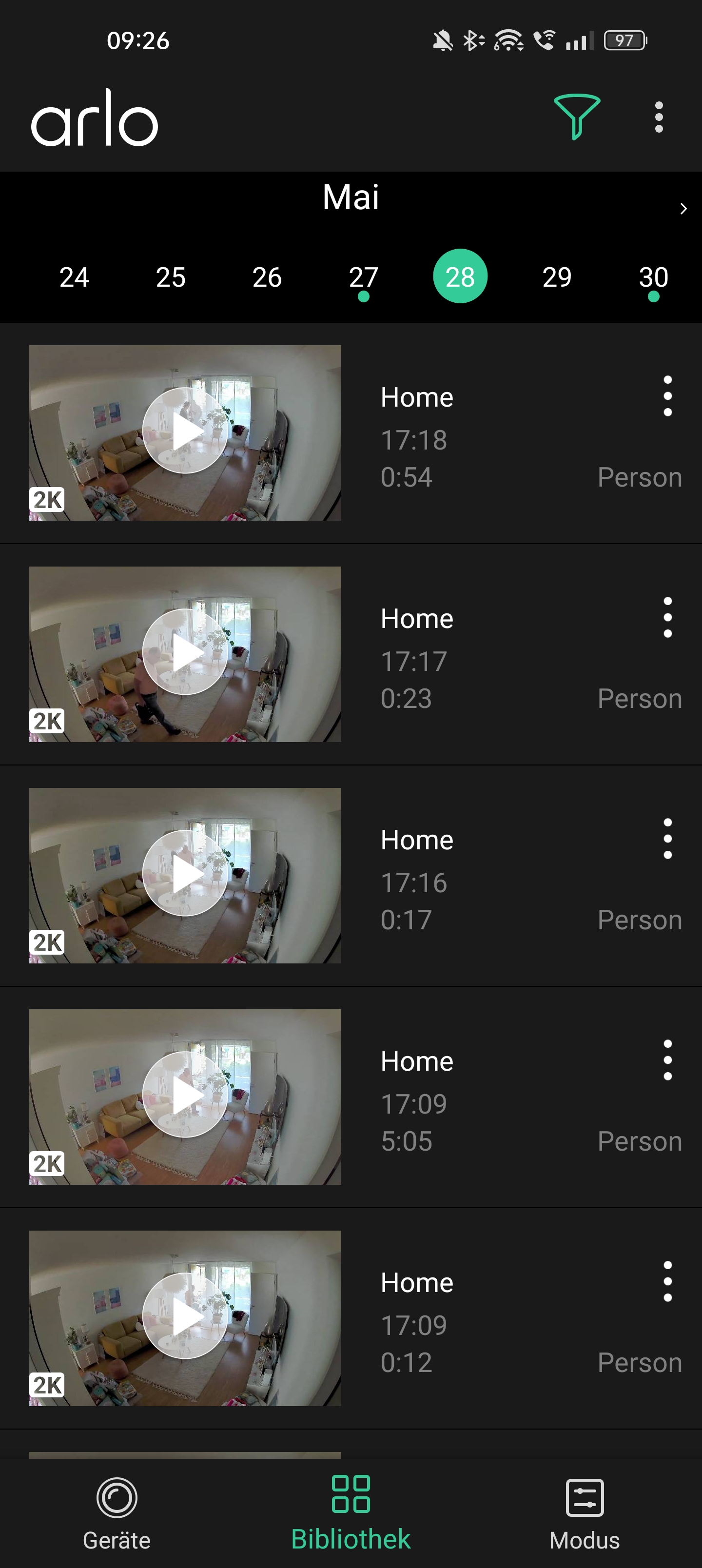 Arlo Pro 4 Bibliothek Ansicht Screenshot