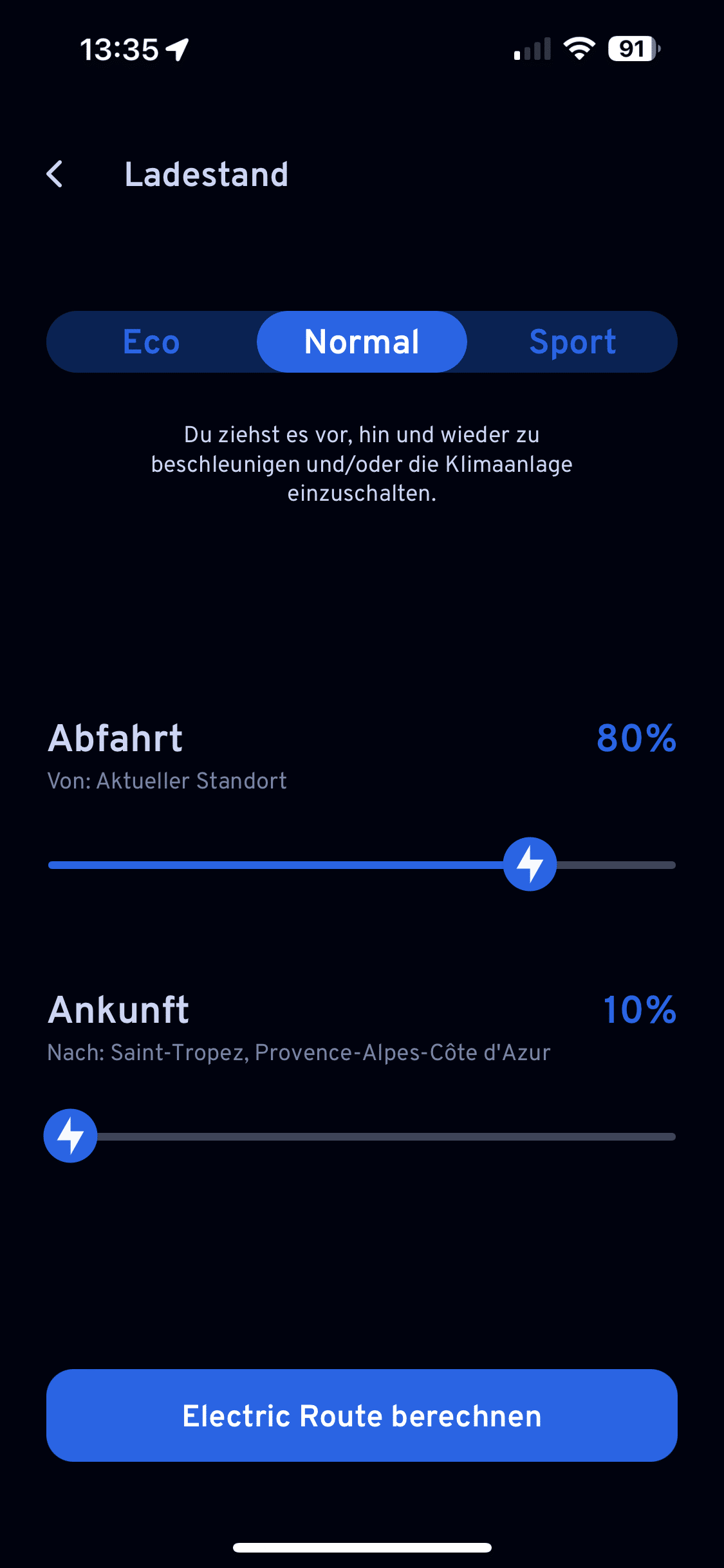 Auswahl der Einstellungen mit ElectricRoutes