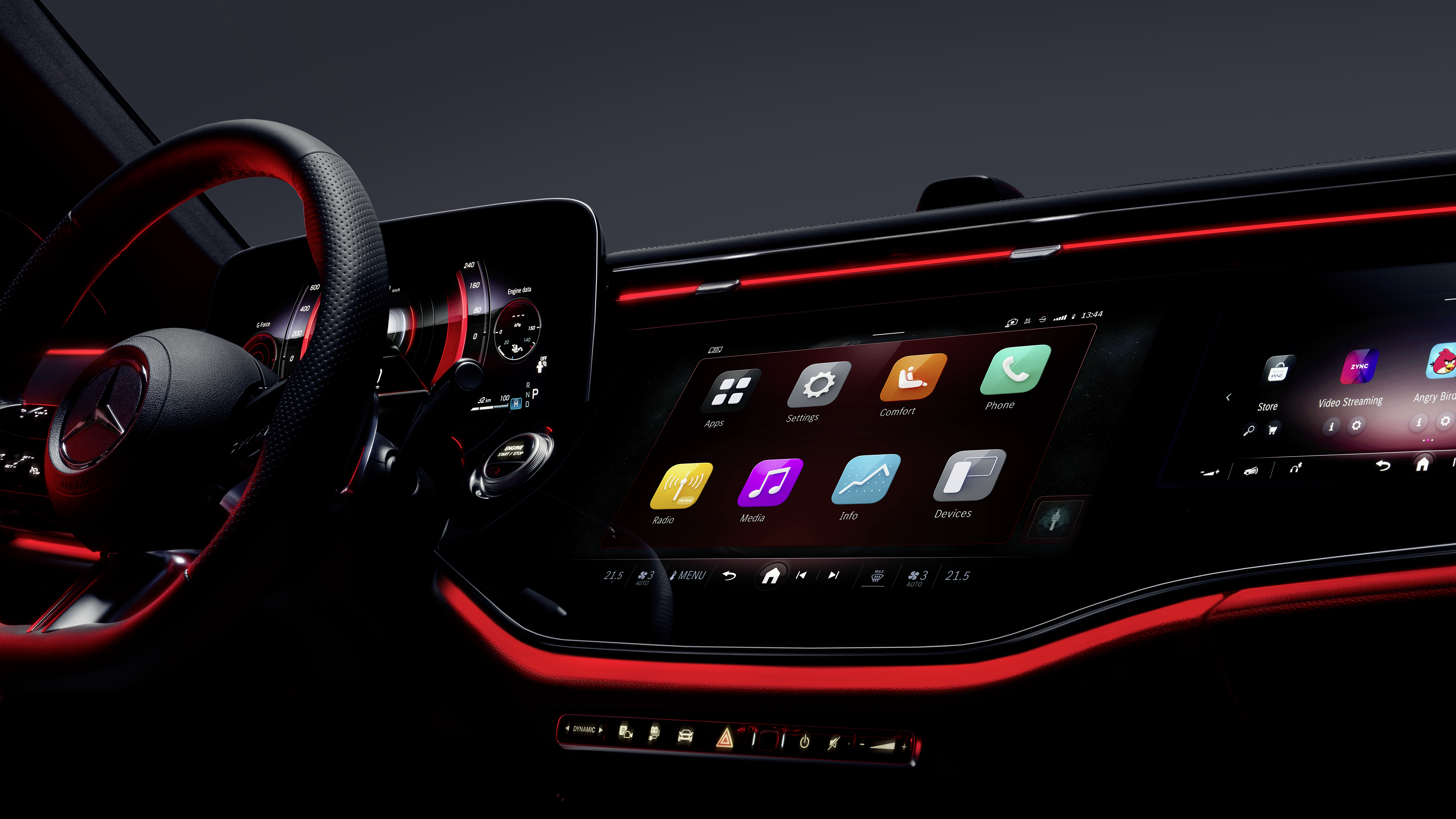 Mercedes-Benz E-Klasse | 2023: Individualisierbares UI-Design: klassisch oder sportlich. ( Displayinhalt kann von Serienstand abweichen. Die Funktionen auf dem Beifahrer-Display sind teilweise zum Marktstart der E-Klasse noch nicht verfügbar und dann abhängig vom jeweiligen Fahrzeugmodell, der individuellen Konfiguration und dem jeweiligen Markt. ) // Mercedes-Benz E-Class | 2023: Customizable UI design: classic or sporty. ( Display content may differ from series status. Some of the functions on the passenger display are not yet available at the market launch of the E-Class and then depend on the respective vehicle model, the individual configuration and the respective market. )