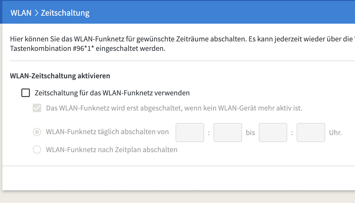 Fritz!Box 6850 5G: Zeitschaltung für Wlan-Netzwerk.