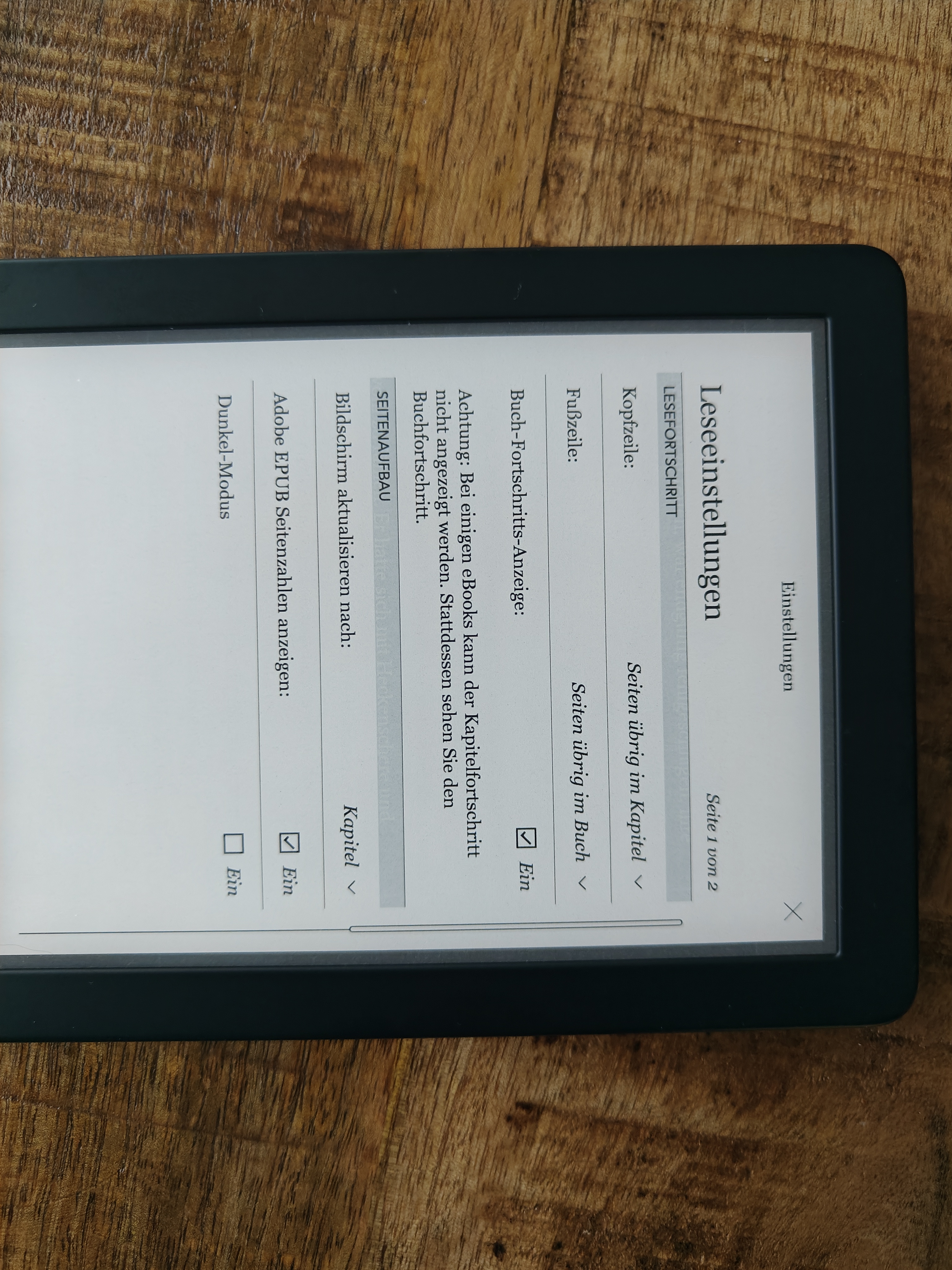 Rakuten Kobo Clara 2E: Leseeinstellungen.