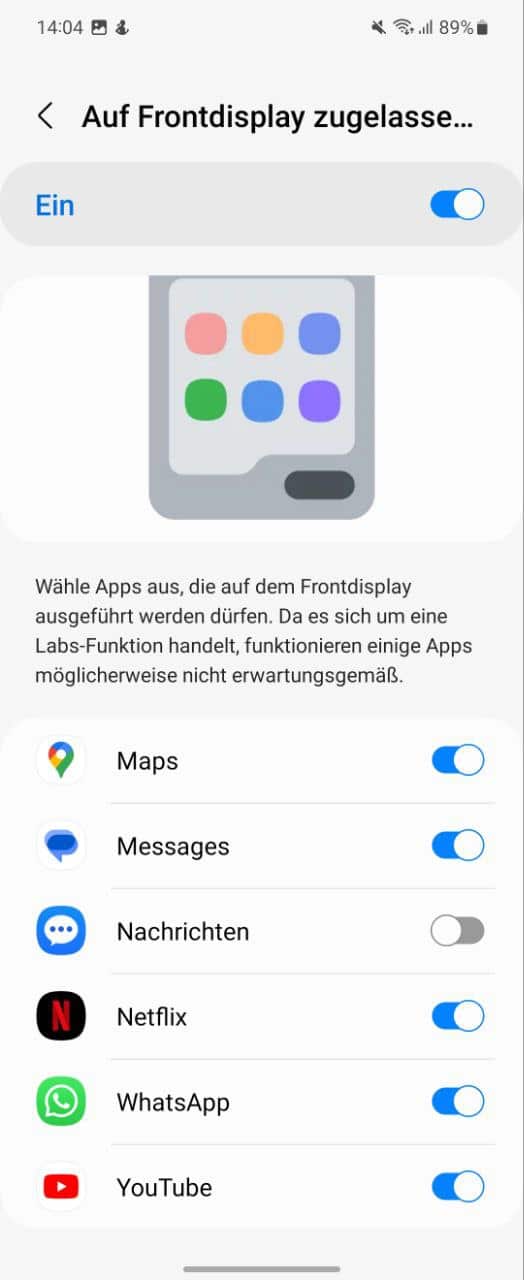 Samsung Galaxy Z Flip 5: Einstellungen des Frontdisplays.