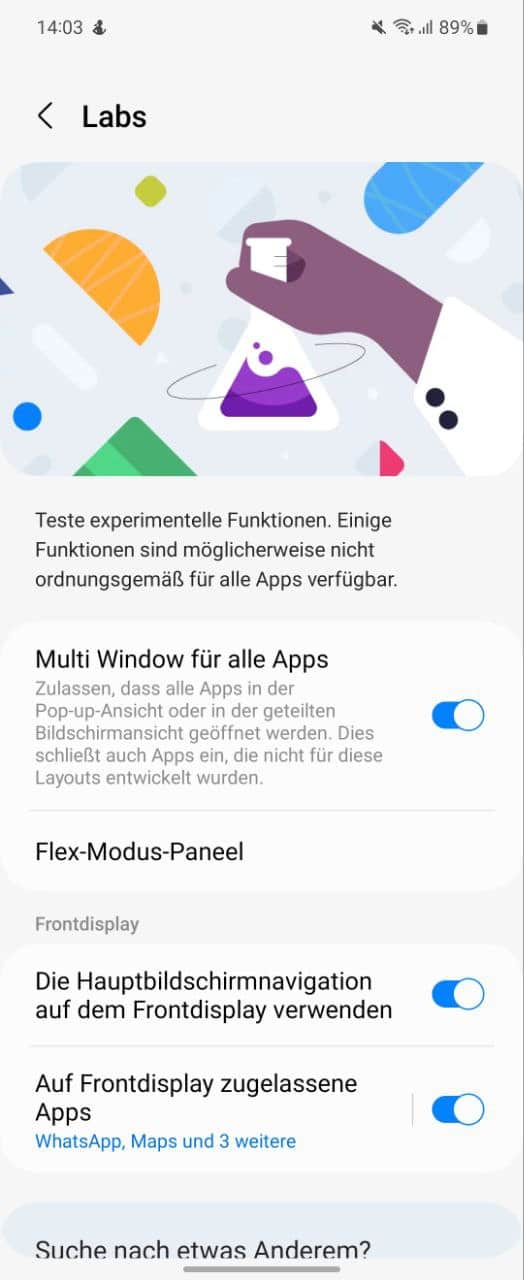 Samsung Galaxy Z Flip 5: Einstellungen des Frontdisplays.