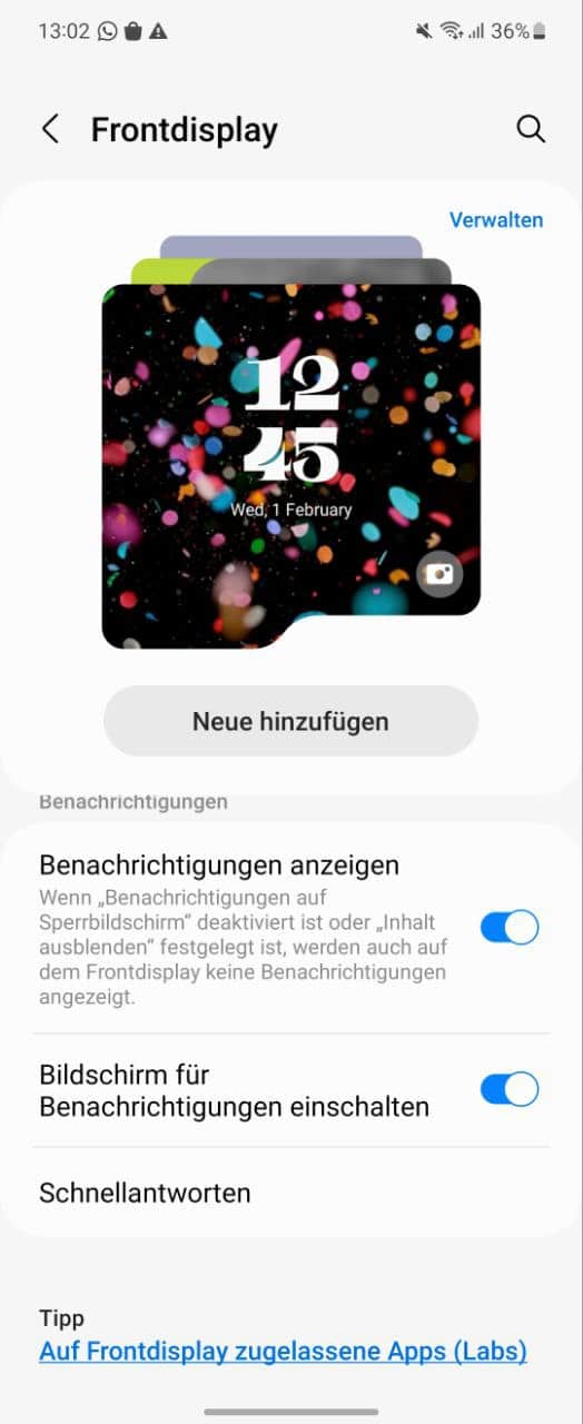 Samsung Galaxy Z Flip 5: Einstellungen des Frontdisplays.