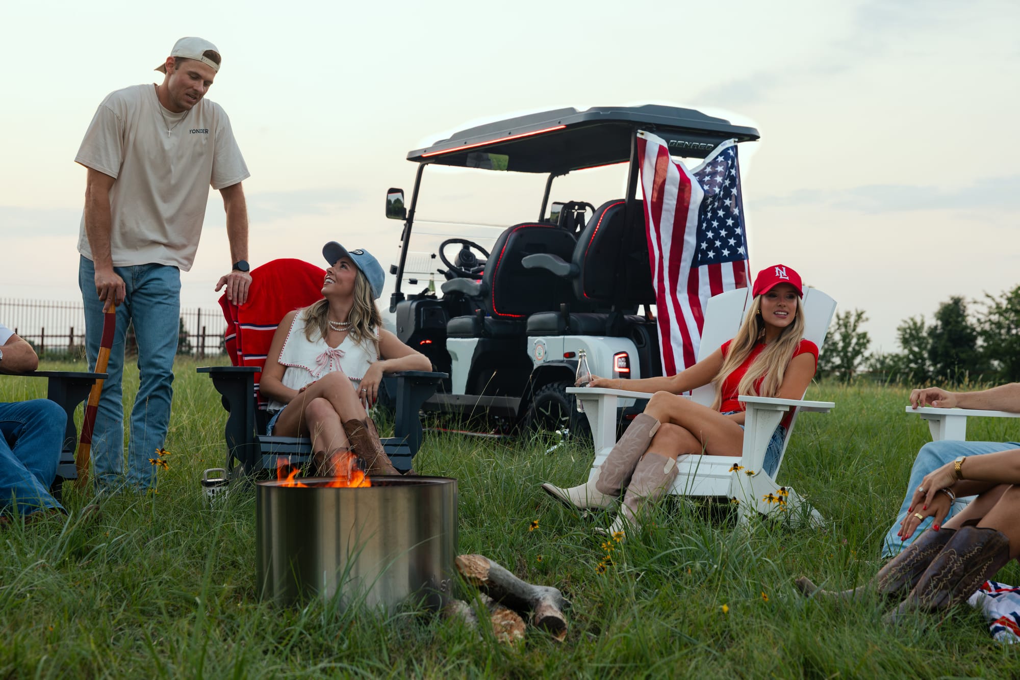 Family relaxing on a Denago golf cart at a vacation rental