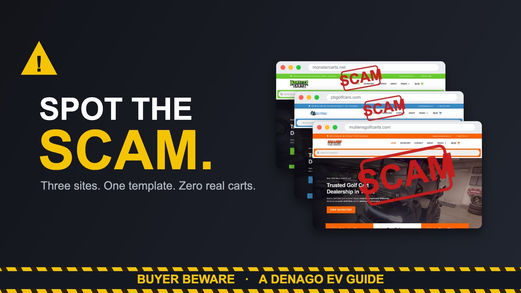 Spot the Scam — three real golf cart scam websites (monstercarts.net, pbgolfcars.com, mullensgolfcarts.com) stamped SCAM