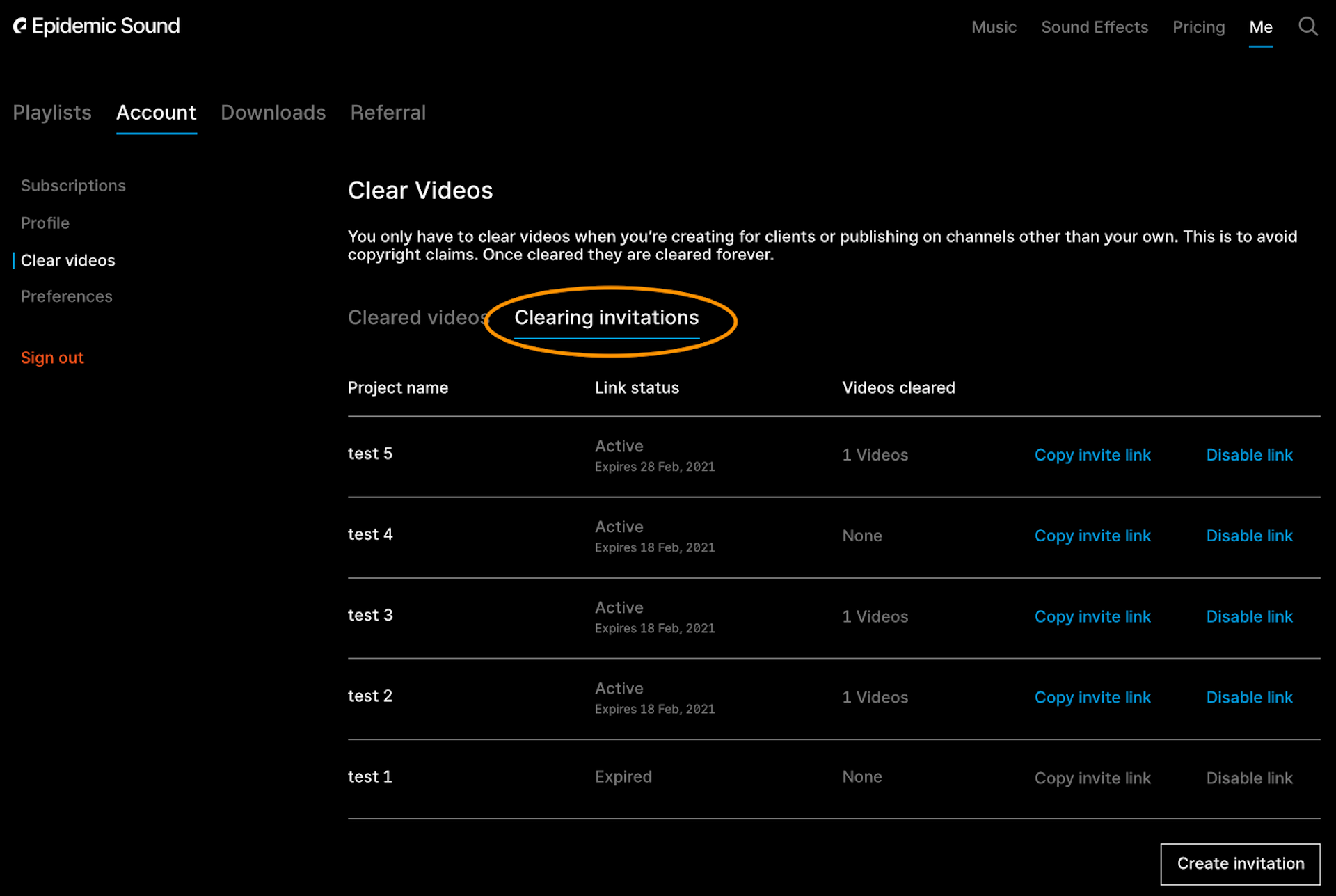 Clearing invitations