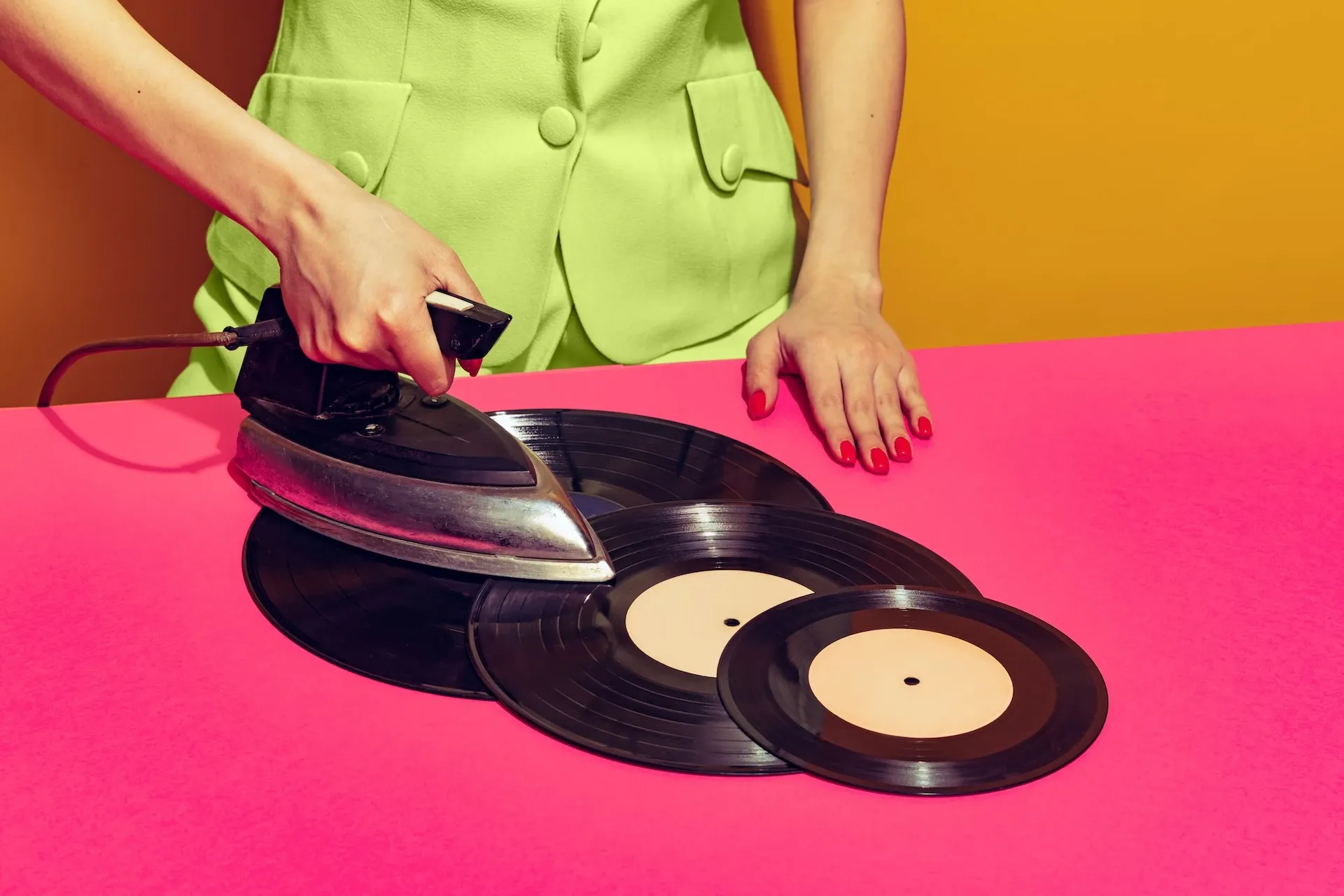 Woman ironing vinyl