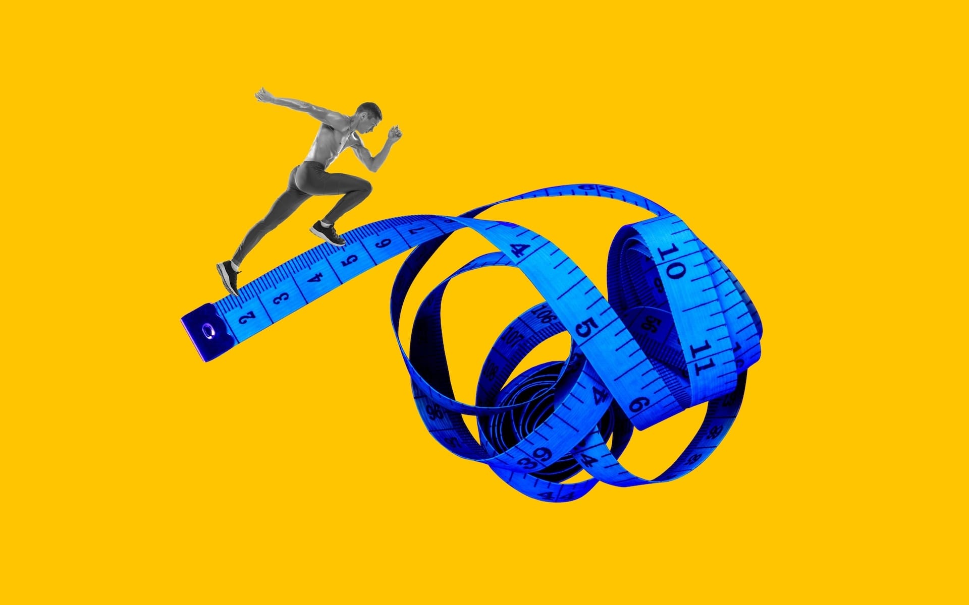 Man running on a giant tape measure