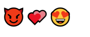 Emojis of a devil, love hearts, and happy face with love-heart eyes