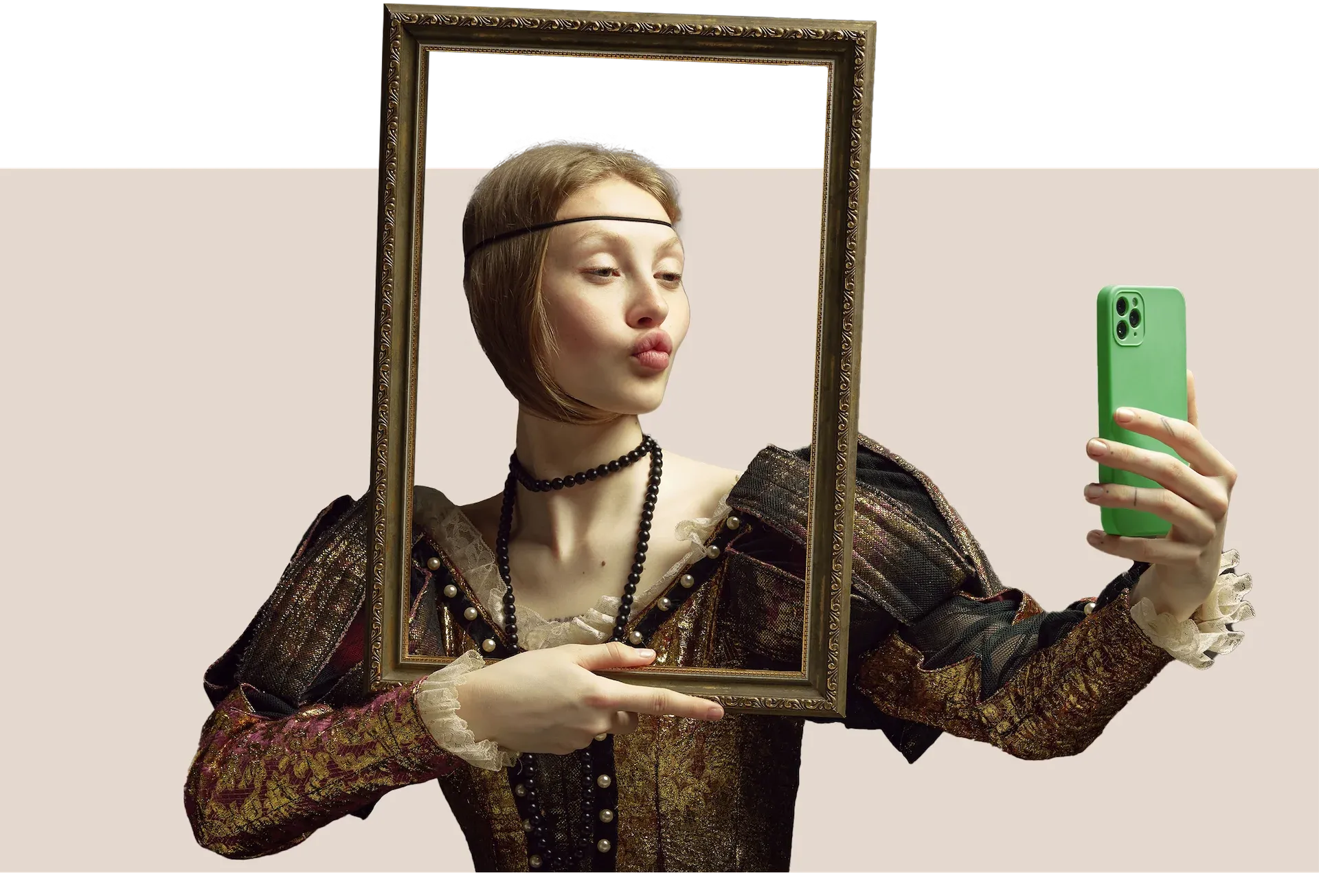 Woman in old-style clothes taking a selfie