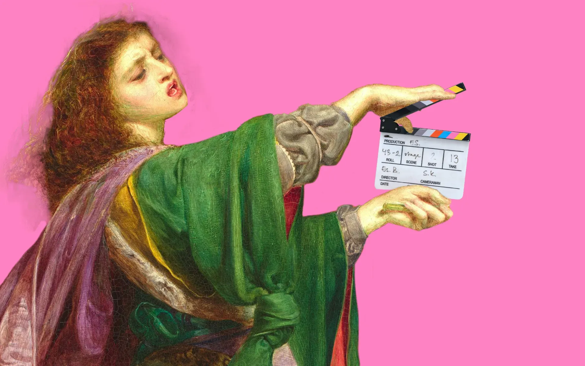 Old-fashioned woman with a clapperboard