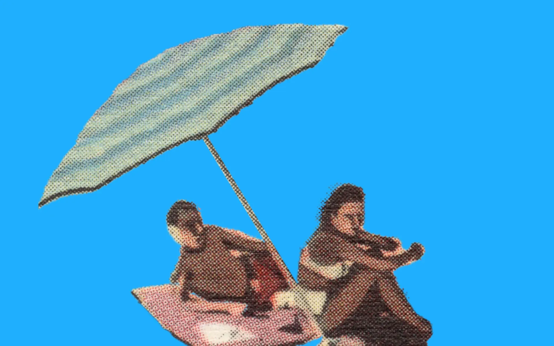 Two people sunbathing under a parasol