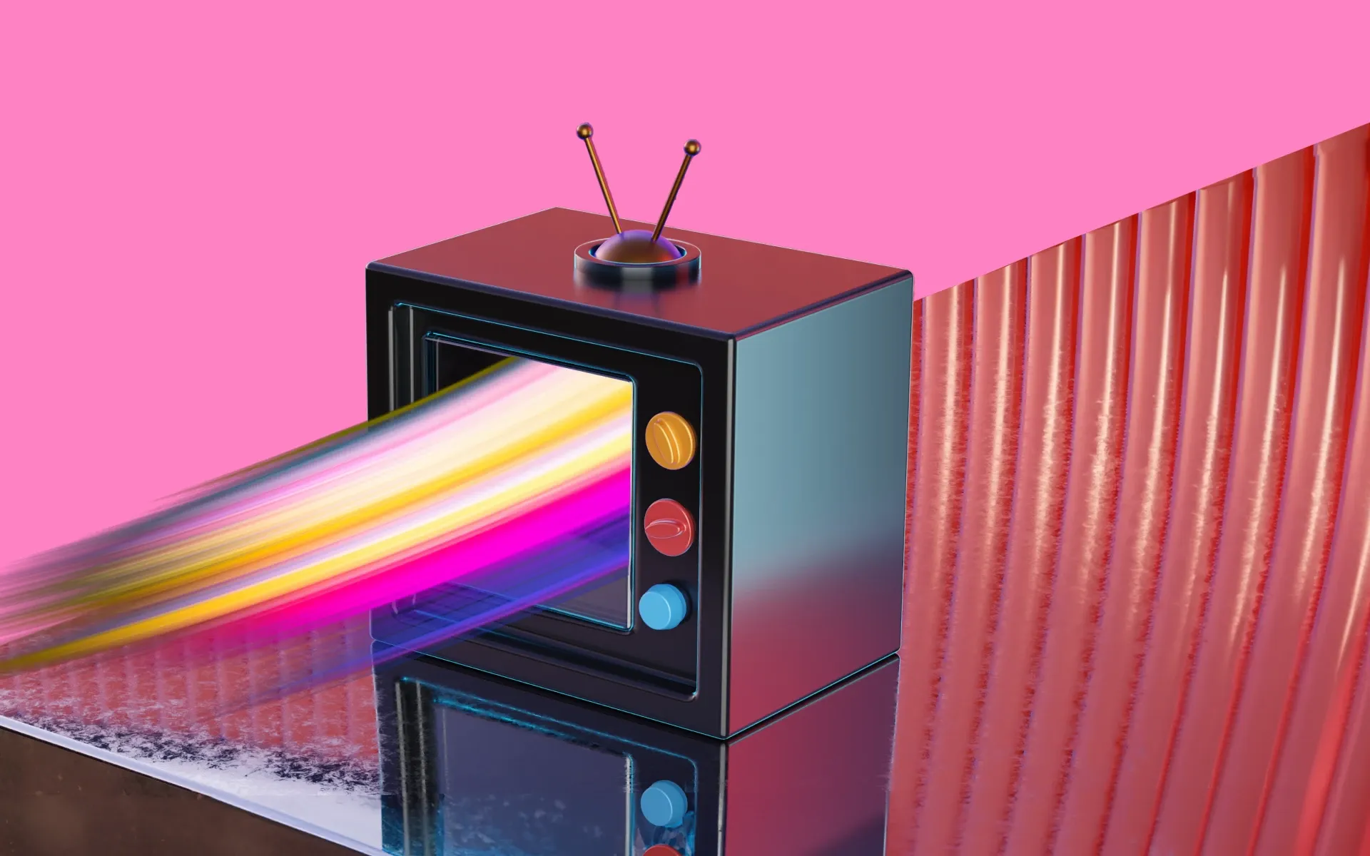 An old TV with swooshing colors bursting out