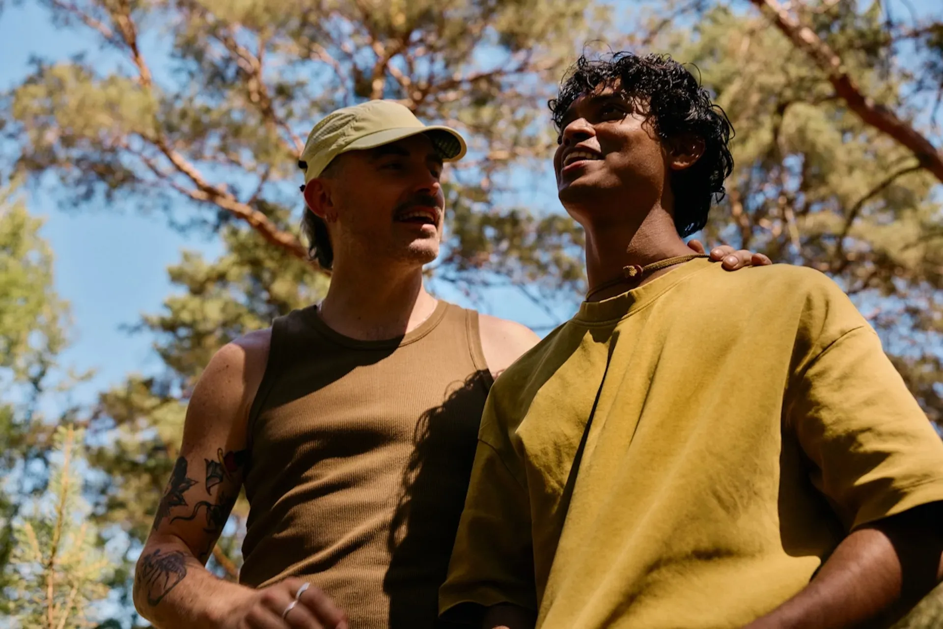 Two friends hanging out in the woods