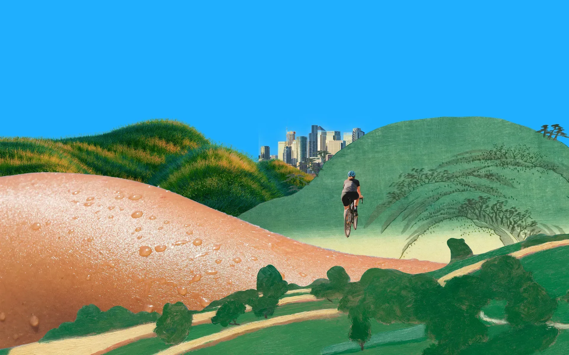 A cyclist going over abstract-looking hills