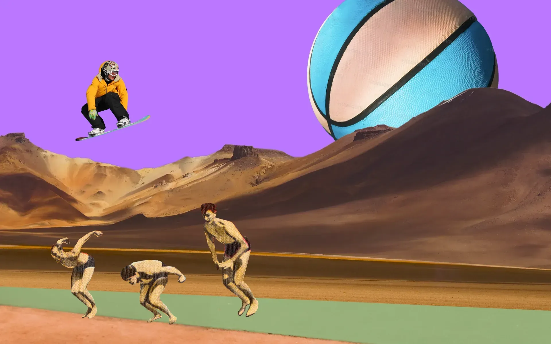 A group of people diving from a running track. A man on a snowboard is also jumping over a mountain