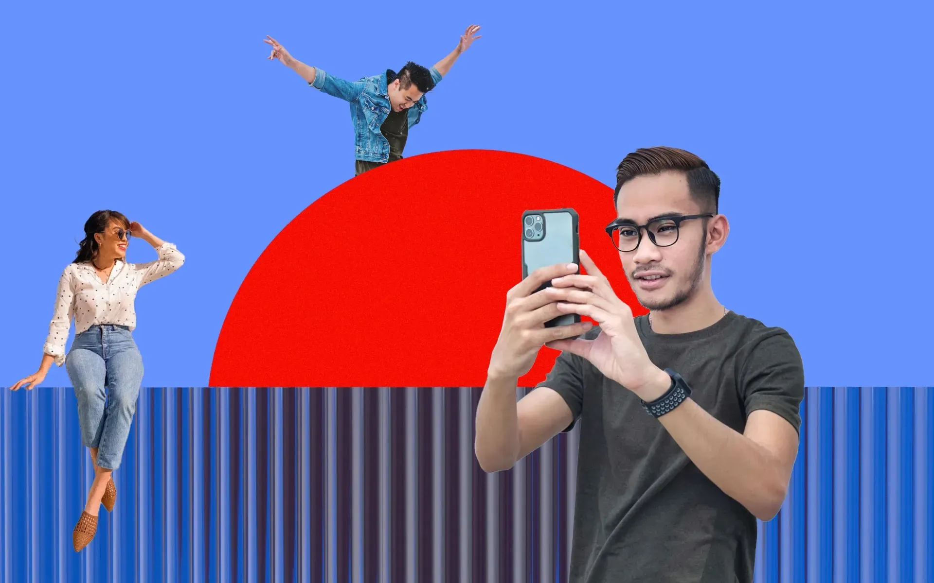 A man takes photos on his mobile, while two other people sit and jump within an abstract background