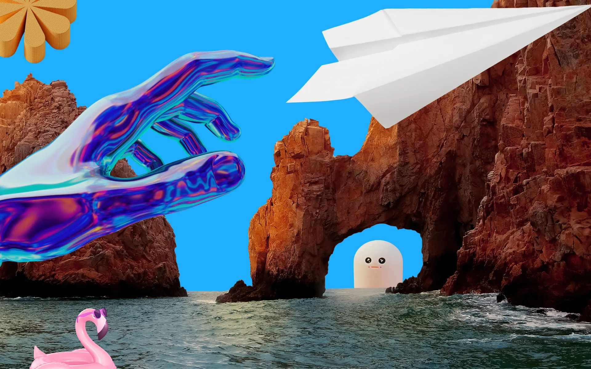 A giant hand throwing a paper airplane across the sea